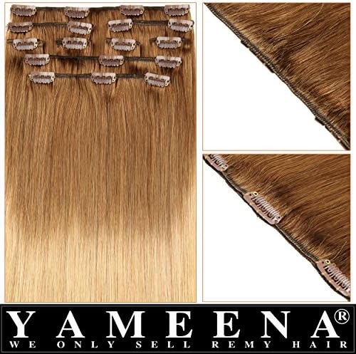 Yameena®100% Remy Human Hair Extension Clip in Extensions 9 Pieces 16"-22" 8 Colors 120-125g (16-18, Chestnut Brown #6 T Honey Blonde #27)