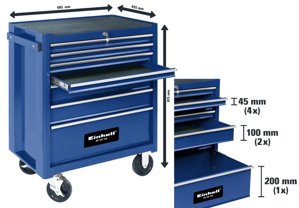 Carrello Utensili Einhell TC-TW 150 | 7 Cassetti, Portata 150kg, Ruote Bloccabili