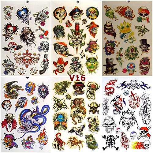 V16 - 280 TATTOOS Special Design 6 sheets Temporary Tattoos Body art Sticker- SKULL