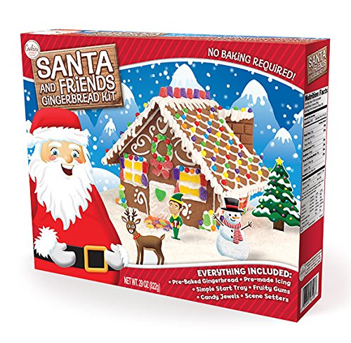 Gingerbread House Kit | Christmas Santa Workshop & Friends Pre-baked Ginger bread with Candies Jewels, Fruity Gums, Scene Setters, Fondant, Pre-made Icing, and Simple Start Tray | 29 OZ (Santa)