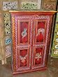 Home Decorative Red Painted Snake Charmer Rare Wooden Armoire Cabinet Chest From India