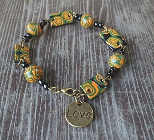 Orange and Green Swirl Clay and Glass Bead Heart Charm Bracelet