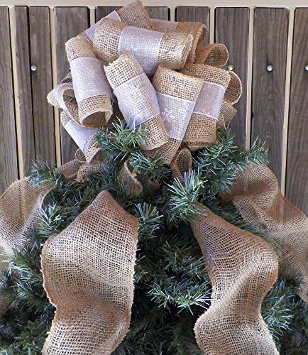 12 Inch Silver Ribbon and Burlap Christmas Tree Topper with Burlap Streamers