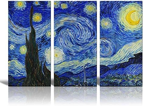 Canvas Print Wall Art - Starry Night by Vincent Reproduction on Canvas Stretched Gallery Wrap. Ready to Hang - 36"x18" x 3 Panels