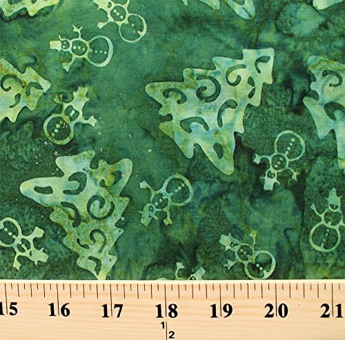 Cotton Balinese Writer Wishes Batik Christmas Trees Snowmen Green Cotton Fabric by the Yard (4219-303)