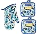 Cute Blue Paisley Oven Mitt and Pot Holders. Heat Resistant, Great for BBQ, Cooking, and Baking. Home Collection Springtime Beautifully Designed Kitchen Linen. Set of 3