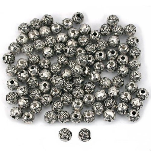 100 Antique Silver Tone Rose Flower Beads Jewelry 6mm