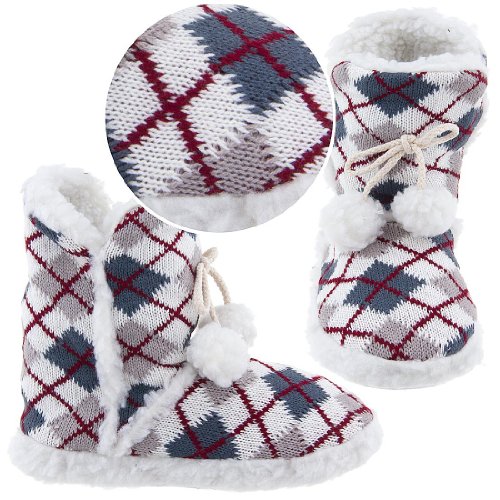 Beige and Gray Argyle Bootie Slippers for Women