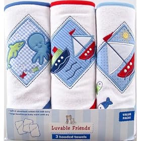 Luvable Friends 3-Pack Patches Hooded Towels, Blue