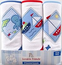 Luvable Friends 3-Pack Patches Hooded Towels, Blue