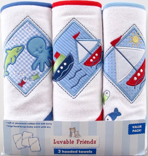 Luvable Friends 3-Pack Patches Hooded Towels, Blue