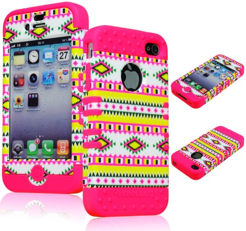 BasTexWireless Bastex Hybrid 2in1 Rocker Case for Apple iPhone 4, 4s - Hot Pink Silicone with Hard Colorful Neon Tribal Design