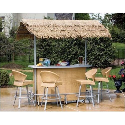Sabbia Granite Top Wicker Tiki Bar Set With Thatch Roof