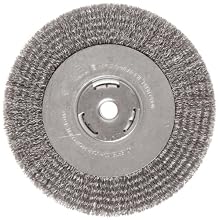 Weiler Vortec Pro Wide Face Wire Wheel Brush, Round Hole, Carbon Steel, Crimped Wire, 8" Diameter, 0.014" Wire Diameter, 5/8" Arbor, 1-3/8" Bristle Length, 1" Brush Face Width, 6000 rpm