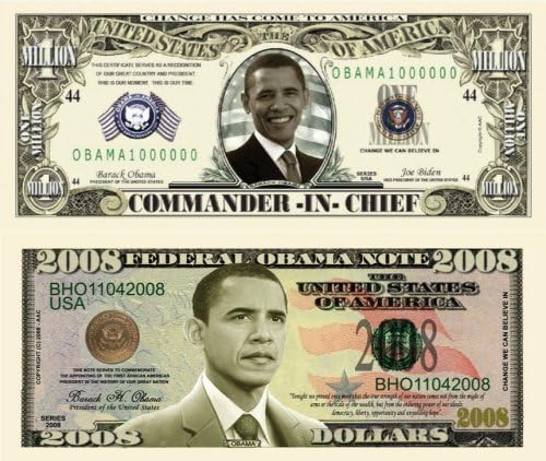 Barack Obama 44th President 2008 Double Collectors Bill Collector Set 1-One Million Dollar Bill and 1-2008 FEDERAL OBAMA NOTE Bill