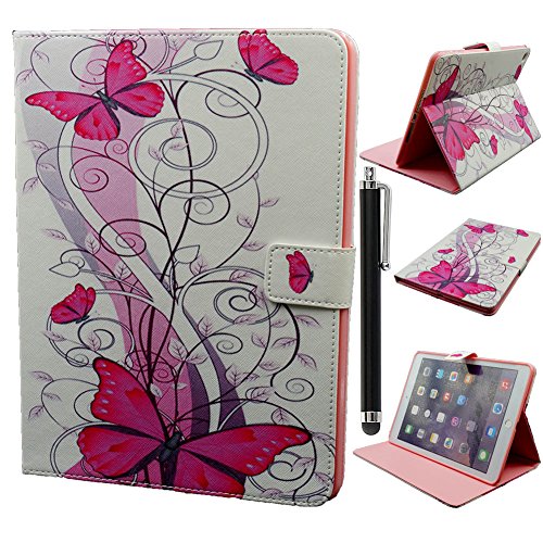 iPad Air Case,iPad Air Cover,iPad Air Folio Case,iPad 5 Case,Qbily PU Leather Painting Red Butterflies Flying Flowers Pink Cases Covers Scratch-Resistant Shell with Magnet Closure Card Slot Pouch Stand Protective Case for Tablet Apple iPad Air (5th G