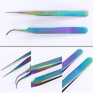 Born Pretty Tweezers Straight Curved Rainbow Stainless Steel