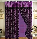 4 Pieces Faux Silk Purple with Black Zebra Window Curtain / Drape Set with Sheer Backing