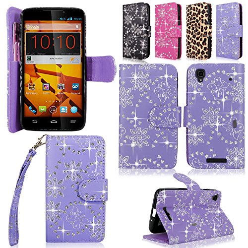 Cellularvilla Wallet Case for ZTE Boost MAX N9520 Shiny Sparking Pu Leather Wallet Card Flip Open Pocket Case Cover Pouch (Purple Glitter)