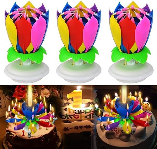 Fondlife® Amazing Happy Birthday Candles Romantic Musical Lotus Rotating Two Layers with 14 Small Candles Lotus , White, Yellow, Pink, Color (2pcs) (Color)