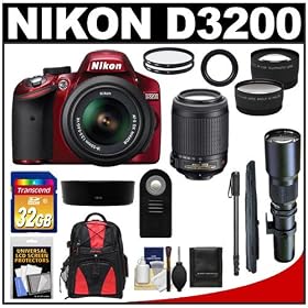 Nikon D3200 Digital SLR Camera & 18-55mm G VR DX AF-S Zoom Lens (Red) with 55-200mm VR & 500mm Tele Lens + 32GB Card + Monopod + Backpack + Telephoto & Wide-Angle Lenses + Accessory Kit