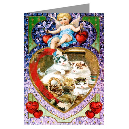 Basket of Kittys and Hearts Vintage Valentines Day Greeting Card On Sale