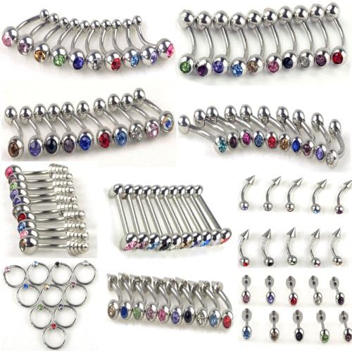 imixlot 10Styles 100pcs Stainless Steel Belly Tongue Eyebrow Lip Ear Nose Barbell Piercing Jewelry