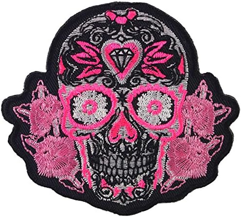 Diamond Rose on Pink Novelty Candy Skull Embroidered Iron on Patch