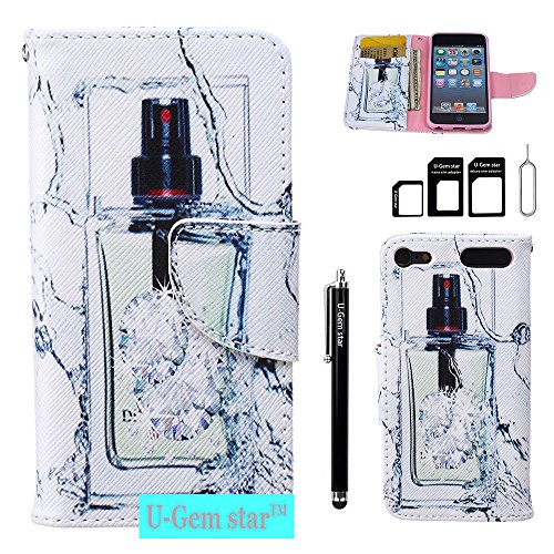 iPod Touch 5 Case, iPod Touch 6 Wallet Case, U-Gem star PU Leather Wallet Cover Case for Apple iPod Touch 5 or iPod Touch 6, with SIM Card Adapter Kit+Screen Protector+Black Stylus (Perfume Bottles)