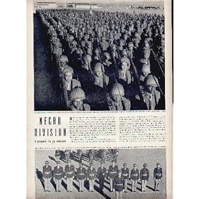 NEGRO DIVISION: 93rd Division prepares to go overseas. Col. Thomas F. Taylor and his staff review a retreat parade. Pictured are Lt. Vasco De Gama Hale, Pfc. Alphonso Cohen, Cpl. Leslie Anderson, Major Thomas Simpson, Major Allan Carrell, Pvt. Leon Smith, Capt. Robert W. Hainesworth, Lt. Nimrod Cautious Calhoun, Chaplain, Major Roscoe Giles, Medical Officer, and Top Sgt. Jackson. ..... 1943 LIFE Magazine Article, A3582.