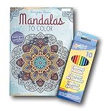 Designer Series Mandalas To Color Adult Coloring Book and Pre-Sharpened Colored Pencil Bundle