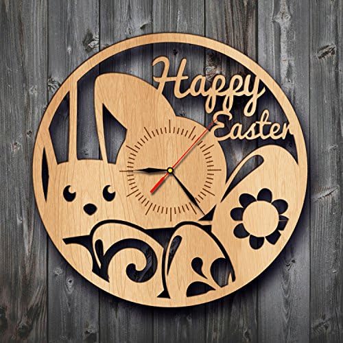 Easter Bunny Happy Holiday Wood Wall Clock - Decorate your home with Modern Easter Egg Art - Best gift for friend, family, mom and dad - Win a prize for feedback