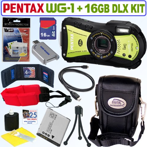Best Price Pentax Optio WG-1 Adventure Series 14 MP Waterproof Digital Camera with GPS (Yellow/Green) + 16GB Deluxe Accessory Kit