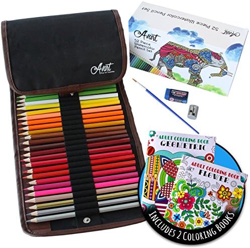 Professional Watercolor Colored Pencil Set for Adults and Kids with 2 Coloring Books | 48 Vivid Colors, Premium Metal Sharpener, Art Eraser &amp; Blending Brush in a Black Canvas Roll-up Case