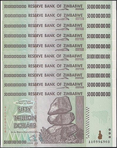 Zimbabwe 50 Trillion Dollars X 10 PCS, AA/2008 Series, P-90, UNC, Currency 50 & 100 Trillion Series