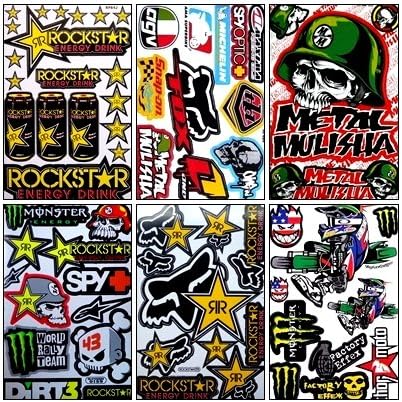 Set 6 Sheet Rockstar Energy Yamaha Kawasaki Metal Mulisha ATV Helmet Bike Motorcycle Motocross Racing Decal Sticker