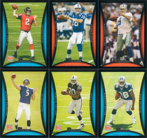 2008 Bowman Football Complete Mint 275 Card Set. Loaded with Stars and Rookies Including Tom Brady, Eli and Peyton Manning, Brett Favre, Tony Romo, Ben Roethlisberger, Adrian Peterson, Brady Quinn, Matt Ryan, Brian Brohm, Darren McFadden, Chad Henne, Joe Flacco, Jonathan Stewart, Felix Jones and Others!