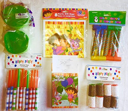 Dora The Explorer Invitations and Favor Bags for (8) Guests (59 Pieces) with 2 Green Streamer Rolls for Jungle Decor - Bundled in a Pink Sealed Poly Bag.
