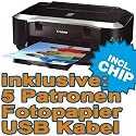 Canon PIXMA iP3600 Tintenstrahldrucker + 5 Patronen INKL. CHIP + USB-Kabel + 50 Blatt 10x15 Fotocars + 50 Blatt A4 Fotopapier 180g