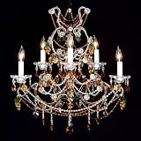 Green & Amber Crystal Beaded Six Light Chandelier