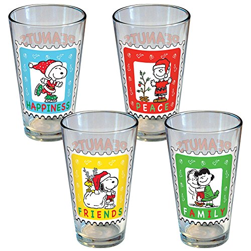 ICUP Peanuts Holiday Stamp Pint Glass (4 Pack), Clear