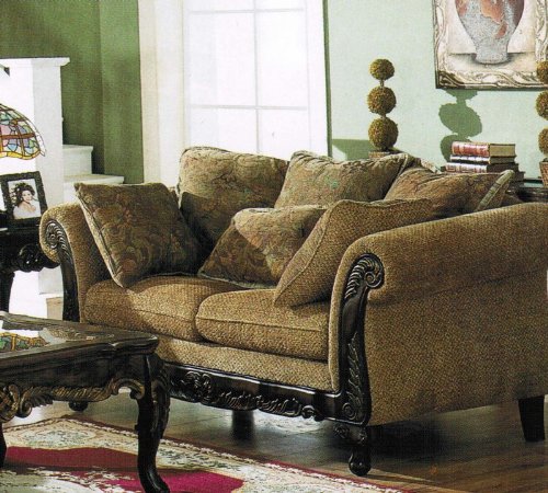 Loveseat Sofa with Wooden Frame Brown Floral Chenille Fabric