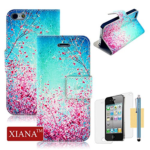 iPhone 4S Case, iPhone 4 Case, XIANA Newly Fashion Premium PU Leather Flip Magnet Stand Shell Case Cover Suitable For Apple iPhone 4 4S(Hot Pink Flowers Design) with Stylus, Screen Protector and Cleaning Cloth