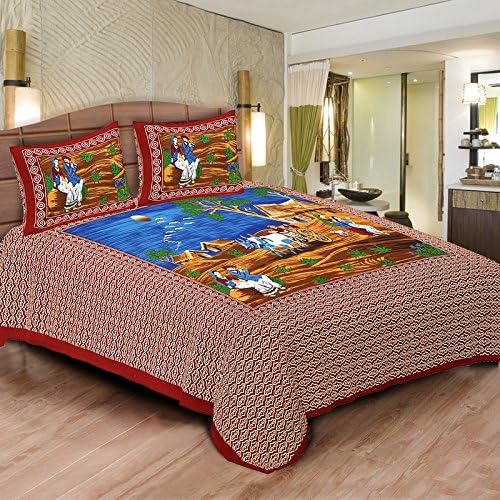 Indicraft Double Bedspread,Bedcover, Bedsheets ,Mandala,Elephant king size (229 X260 Cm) printed,Tapestry, Maroon Cotton Rajasthani Printed Double Bedsheet With 2 Pillow Cover
