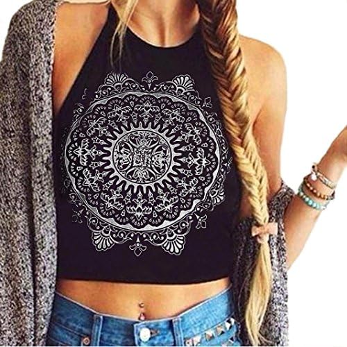 OVERMAL Womens Mandala Print Sleeveless Halterneck Tank Crop Tops Vest (ASIA XL, Black)
