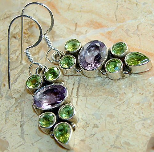Designer .925 Sterling Silver Overlay Earrings with Genuine Amethyst and Peridot Gemstone