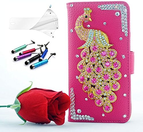 iPhone 6 plus Case JJhome iPhone 6 Plus (5.5) 3D Crystal Bling Leather Folio Stand Support Case Cover with Card Holder & Headset Dust Plug Capacitive Stylus & Screen Protector - pink peacock pink leather
