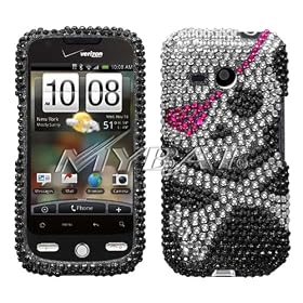 SPARKLING BLACK WITH PINK EYE PATCH SKULL FULL DIAMOND RHINESTONE SNAP ON HARD SKIN BLING COVER CASE FOR HTC DROID ERIS 6200