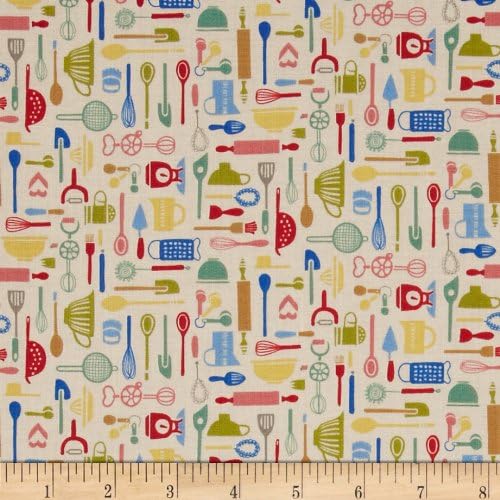 Retro Bake Utensils Cream Fabric
