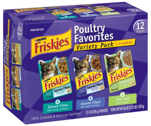 Friskies Poultry Favorites Cat Food Variety Pack 3-Flavor, 12-Count Pouches (Pack of 4)